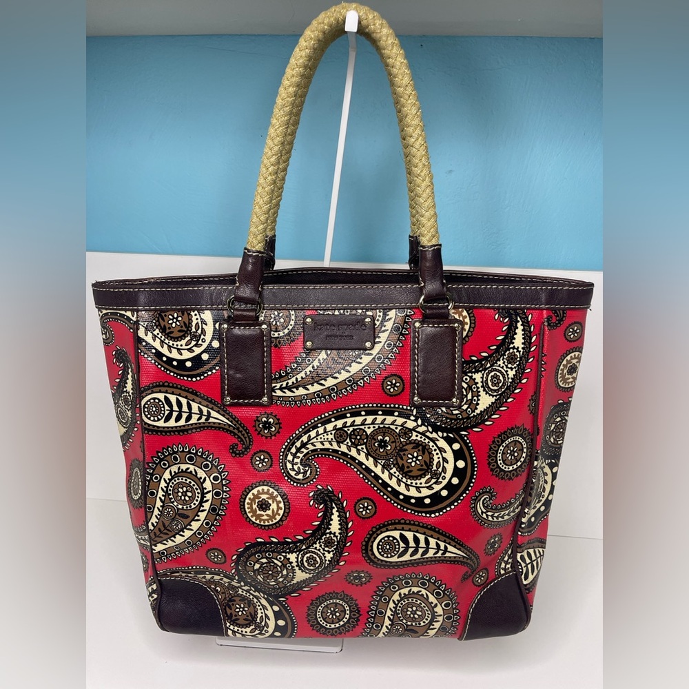Kate Spade Kashmir Esti Purse Red Brown Paisley Tote Leather Trim Rope Straps‎